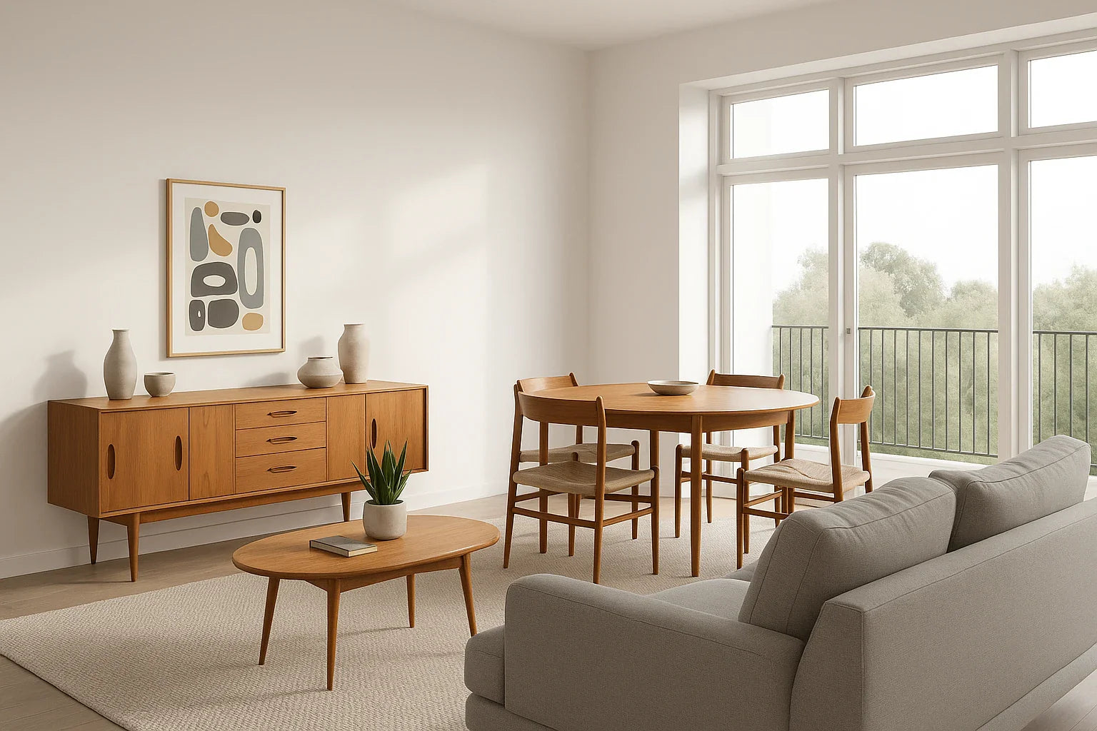 Stylish living room featuring Danish Teak furniture including a dining table and sideboard, showcasing mid-century modern design