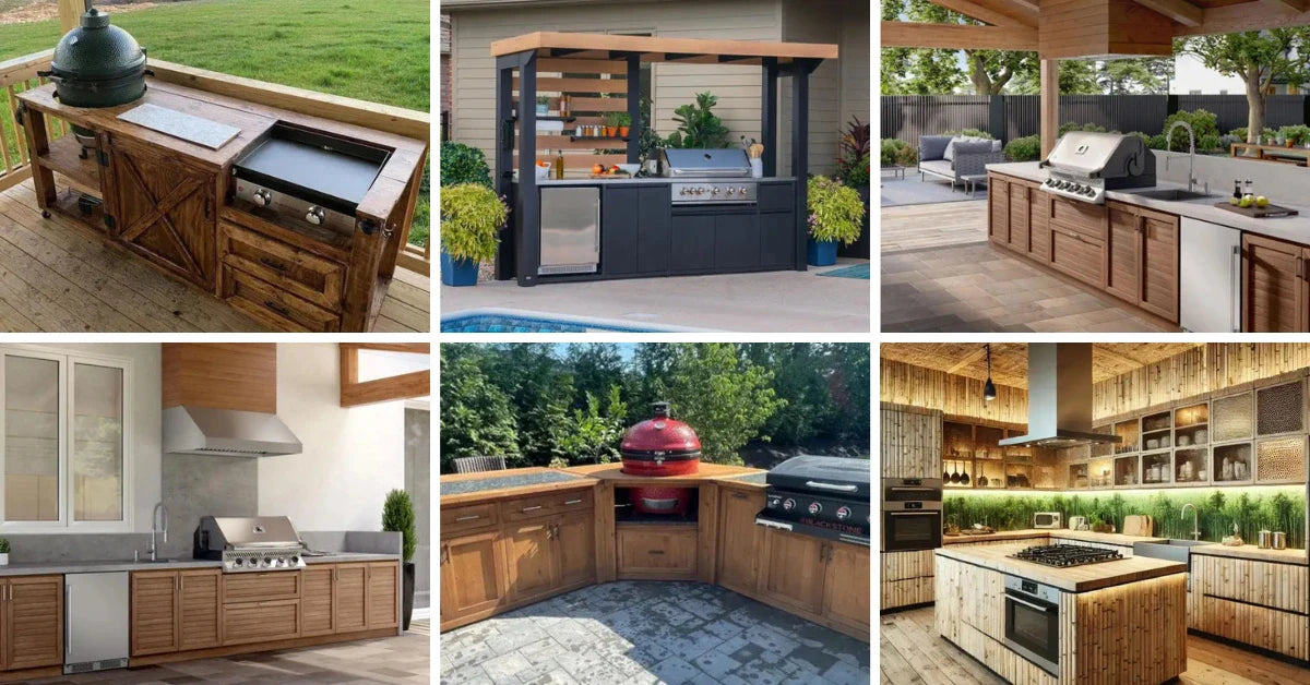 Collage of modern outdoor kitchen cabinets featuring wood and metal designs with grills and cooking appliances
