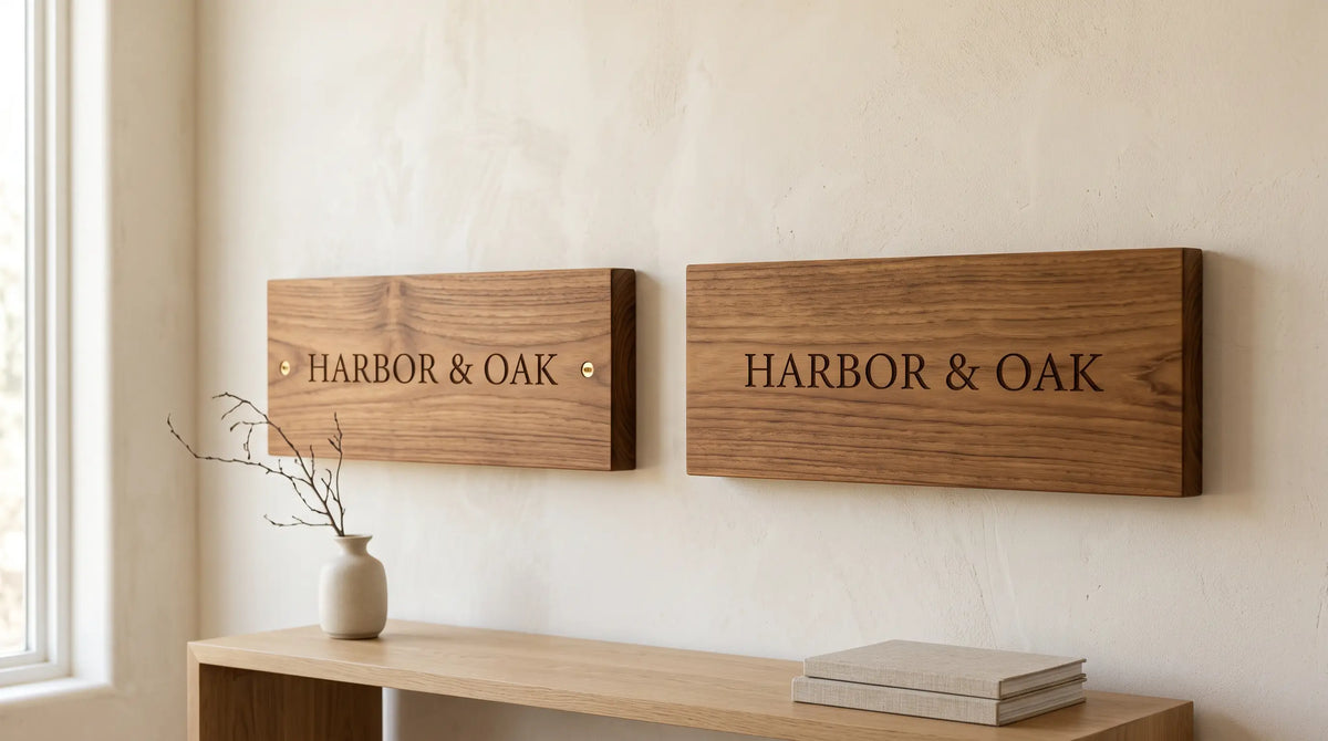 Visible screw and hidden mounting options for a wooden wall sign