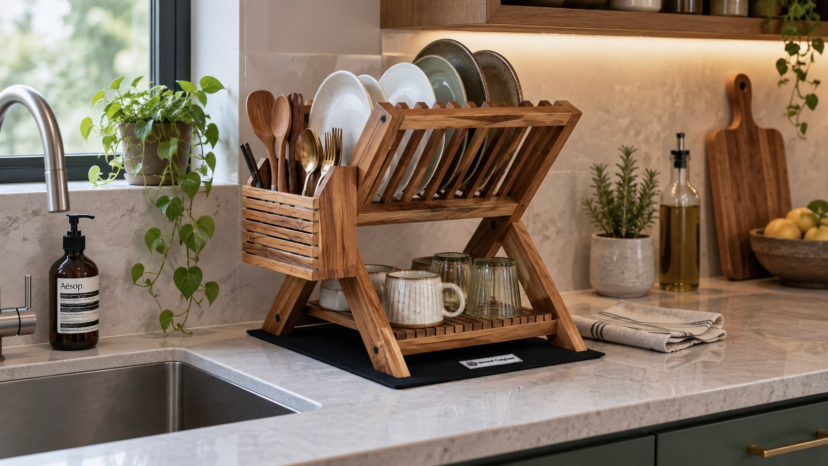compact wooden dish rack on the counter of a small modern kitchen