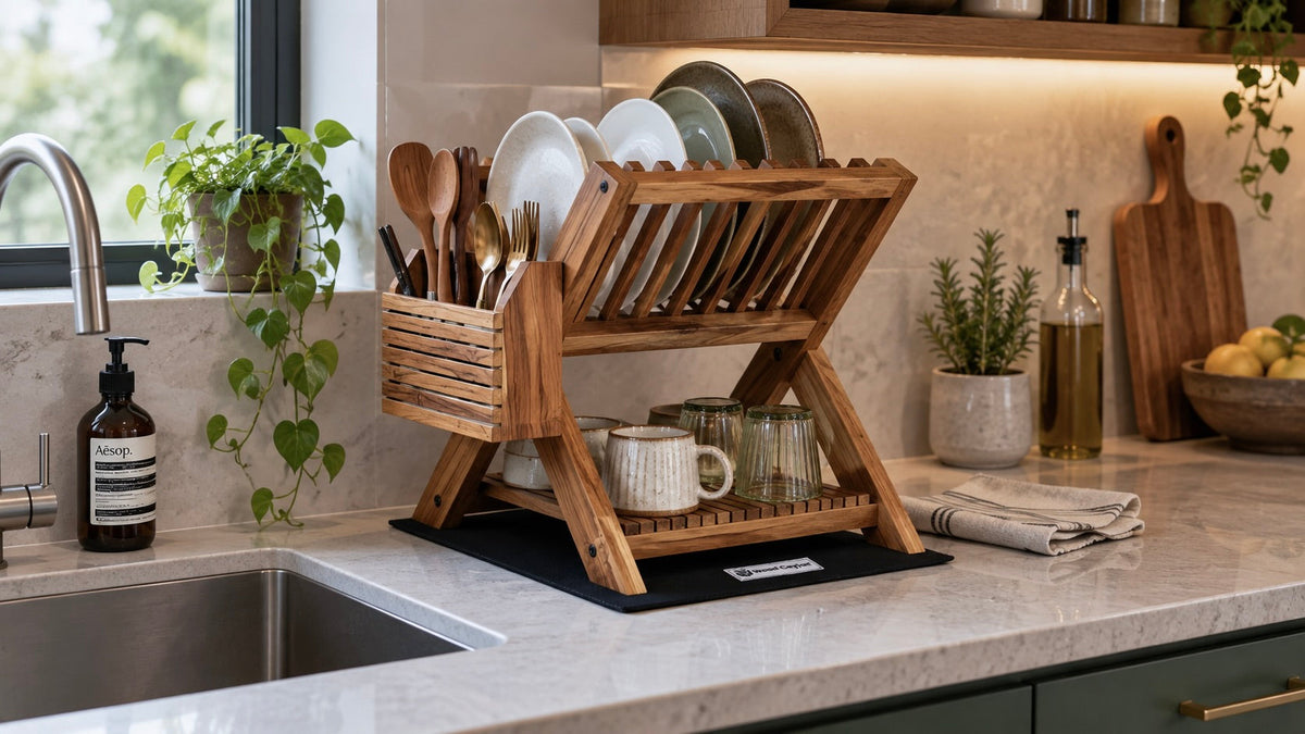 compact wooden dish rack on the counter of a small modern kitchen