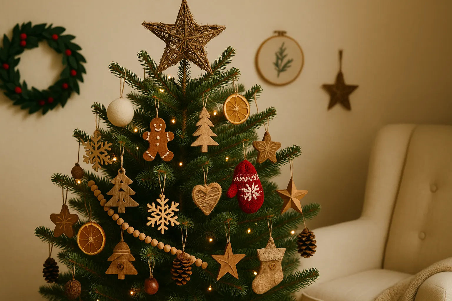 Christmas tree decorations featuring handcrafted ornaments and nature-inspired decor for a festive look