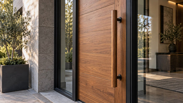 long teak door pull handle installed on a modern front door for size comparison