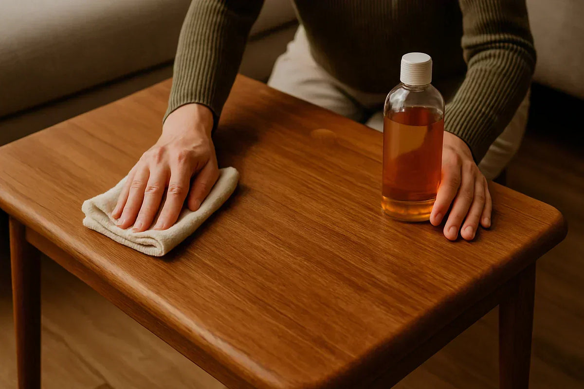 Person applying teak wood maintenance tips by gently cleaning a teak wood table with a cloth and oil