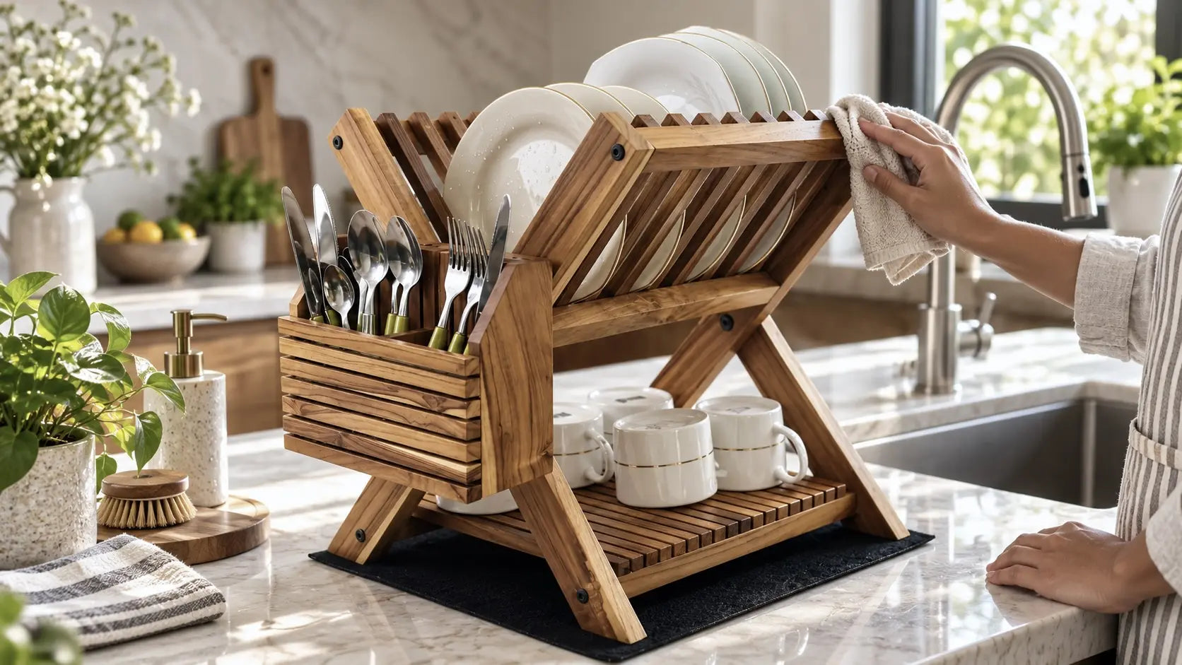 cleaning a wooden dish rack with a soft cloth on a kitchen counter