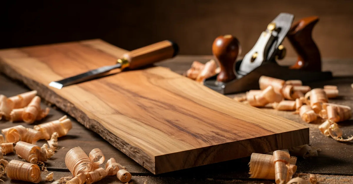 High-quality teak wood plank with woodworking tools and shavings on a rustic table