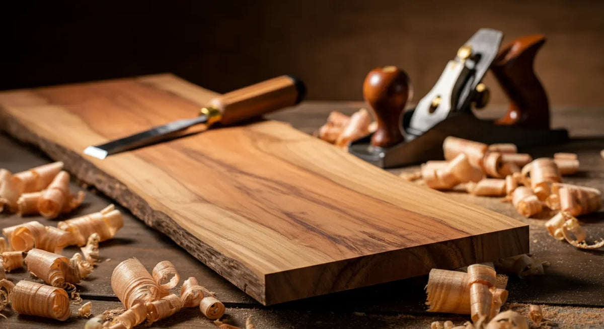 High-quality teak wood plank with woodworking tools and shavings on a rustic table