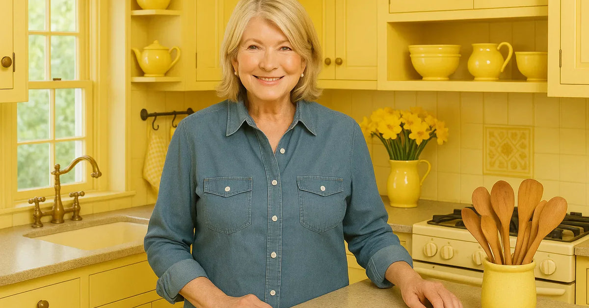 Smiling woman in a bright yellow kitchen showcasing yellow kitchen decor with painted cabinets bowls daffodils and utensils - Martha Stewart yellow kitchen decor