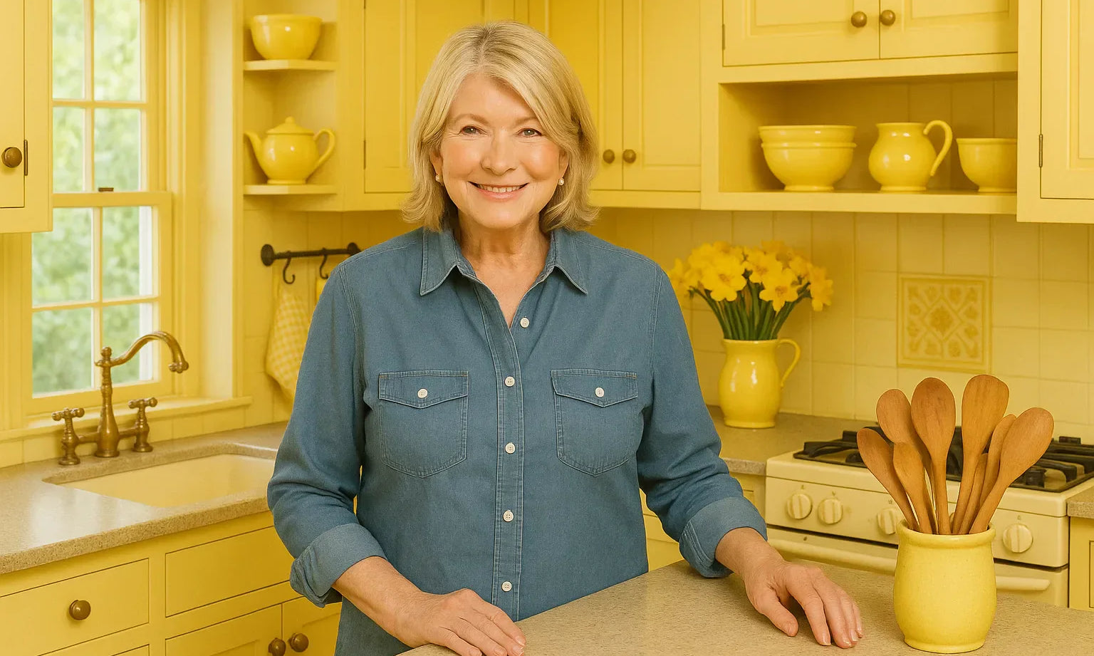Smiling woman in a bright yellow kitchen showcasing yellow kitchen decor with painted cabinets bowls daffodils and utensils - Martha Stewart yellow kitchen decor