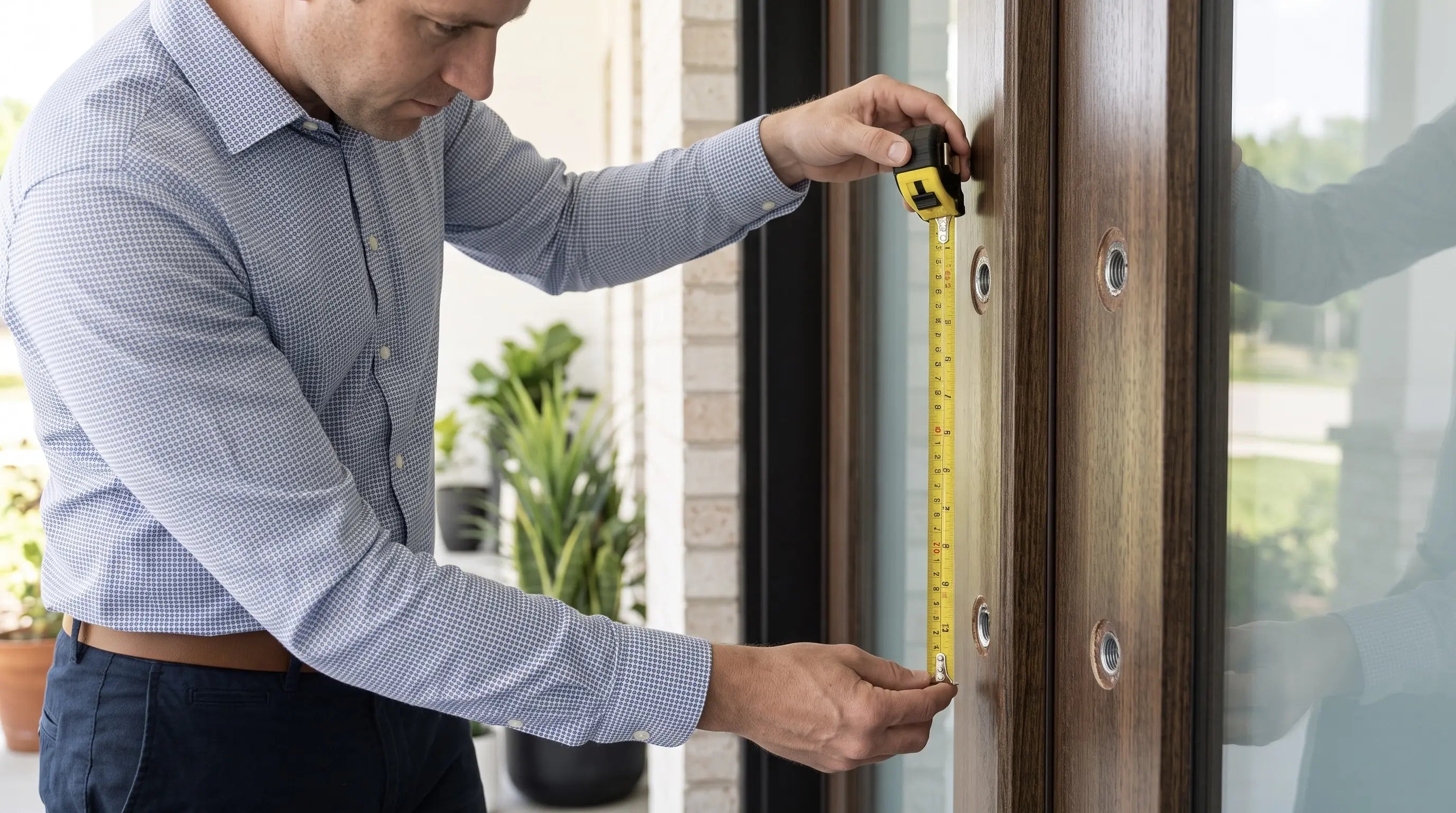 measuring center-to-center spacing between mounting points on a wooden door pull handle