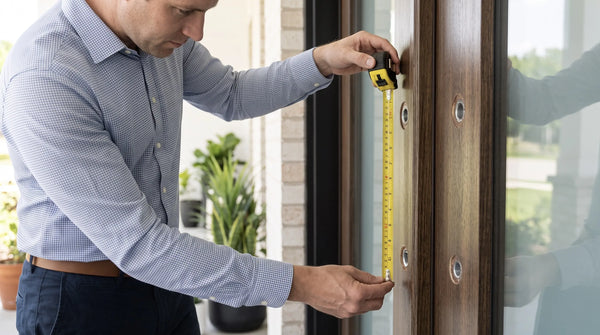 measuring center-to-center spacing between mounting points on a wooden door pull handle