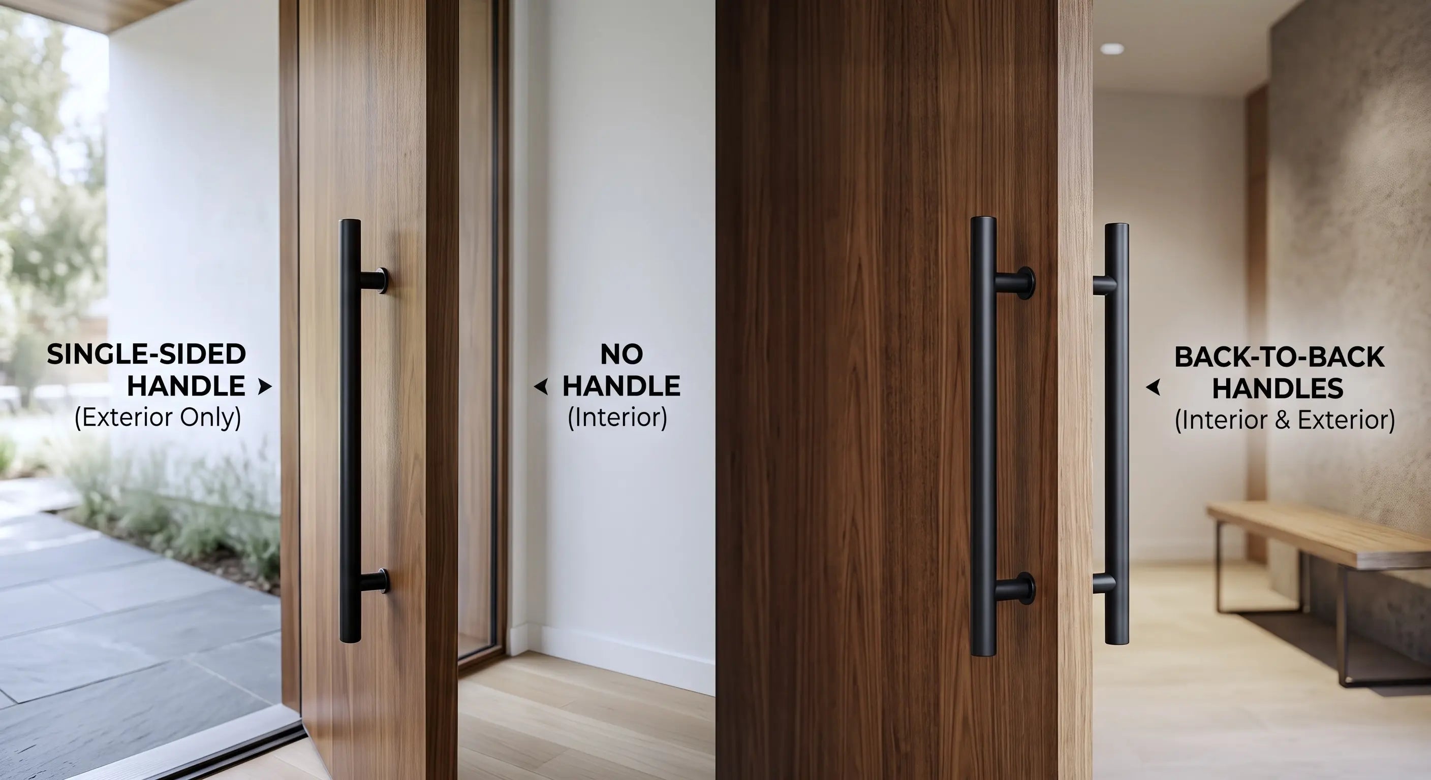 single-sided and back-to-back wooden door pull handle configurations compared