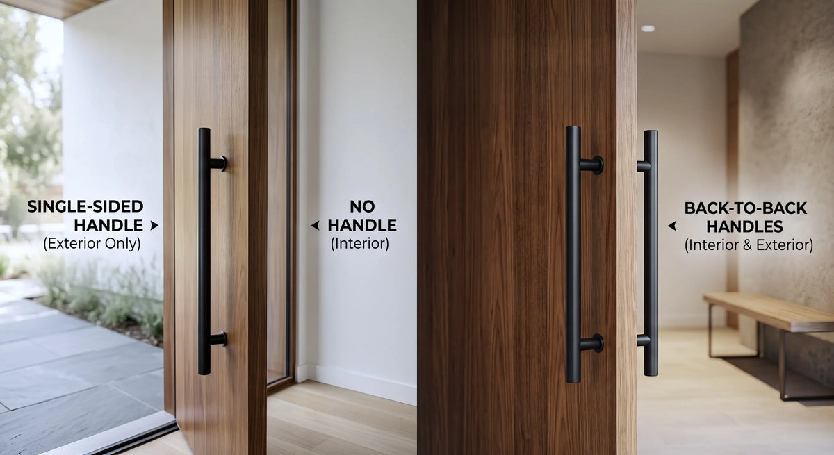 single-sided and back-to-back wooden door pull handle configurations compared
