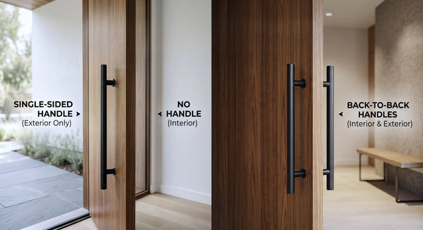 single-sided and back-to-back wooden door pull handle configurations compared