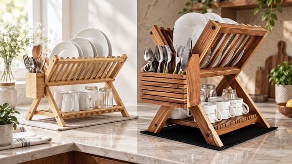 teak vs bamboo dish rack comparison showing two wooden dish drying racks