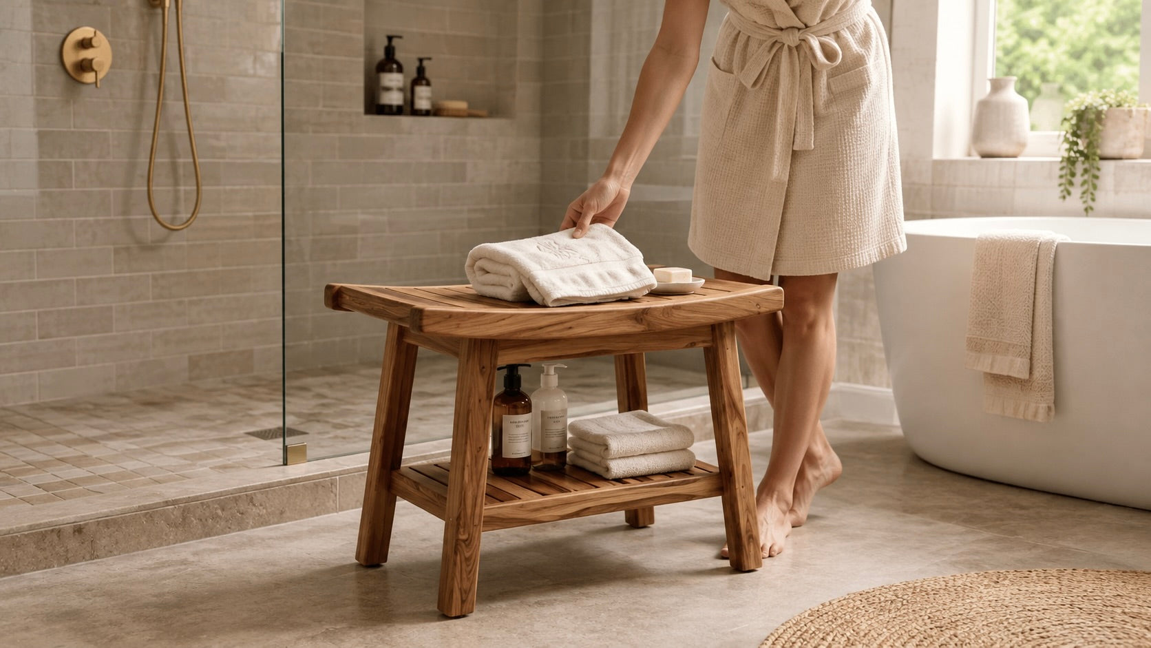 teak shower stool in a bathroom