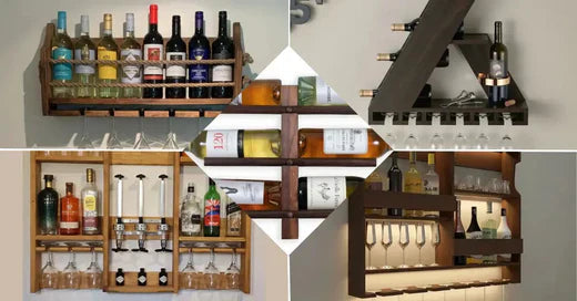 Various styles of wall mounted wine racks holding bottles and hanging wine glasses in modern home settings