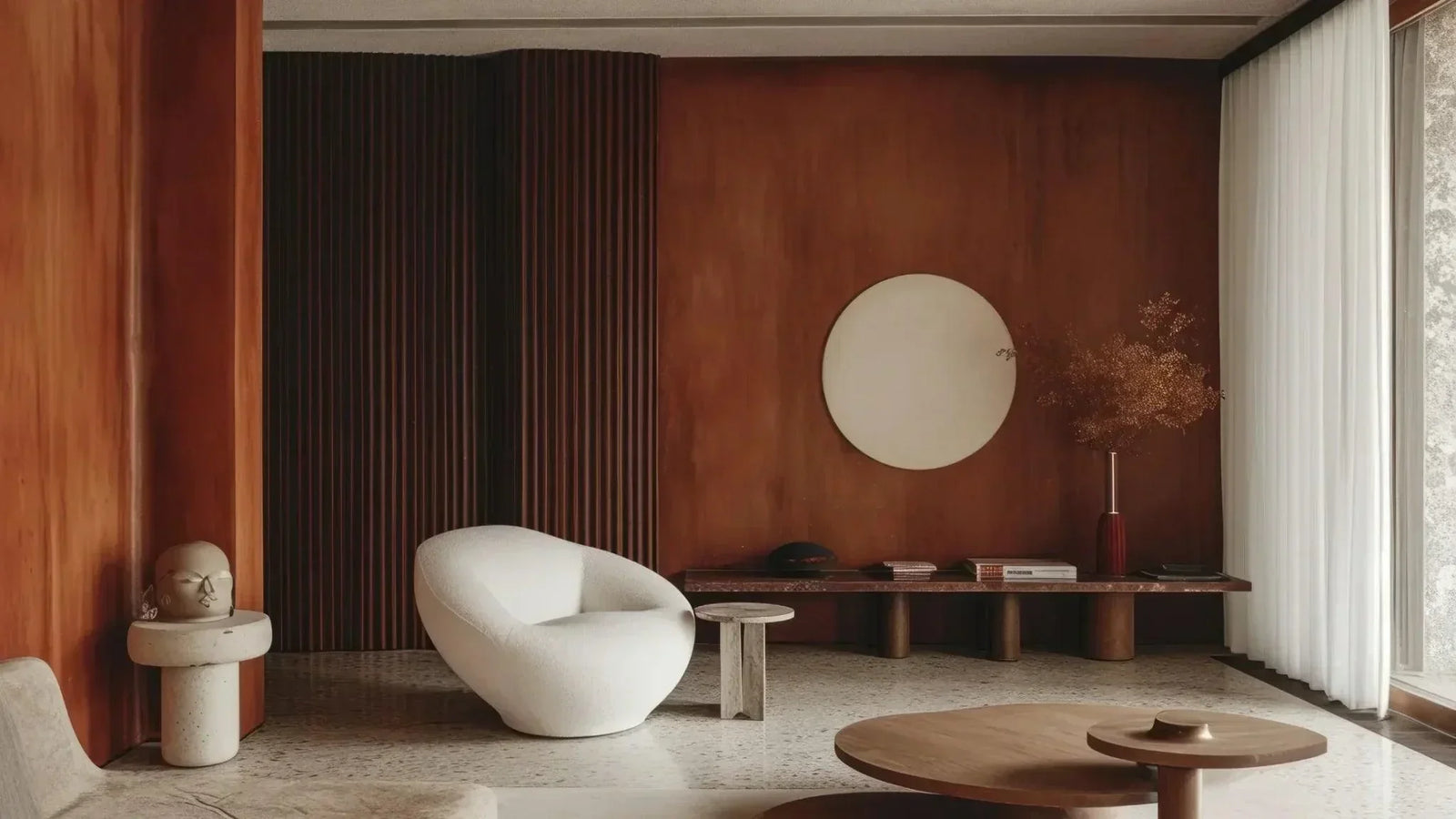 Modern living room showcasing wood wall decor ideas with warm tones and minimalist furniture