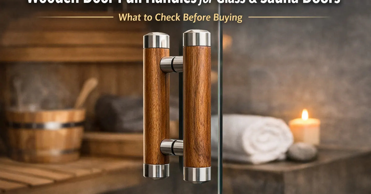 Stylish wooden door pull handles for glass and sauna doors with a modern design