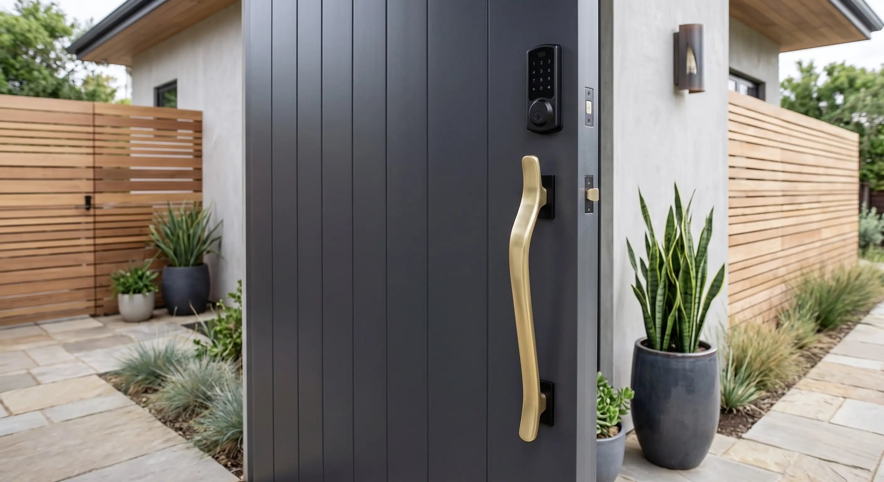teak wooden pull handle installed on a modern exterior front door