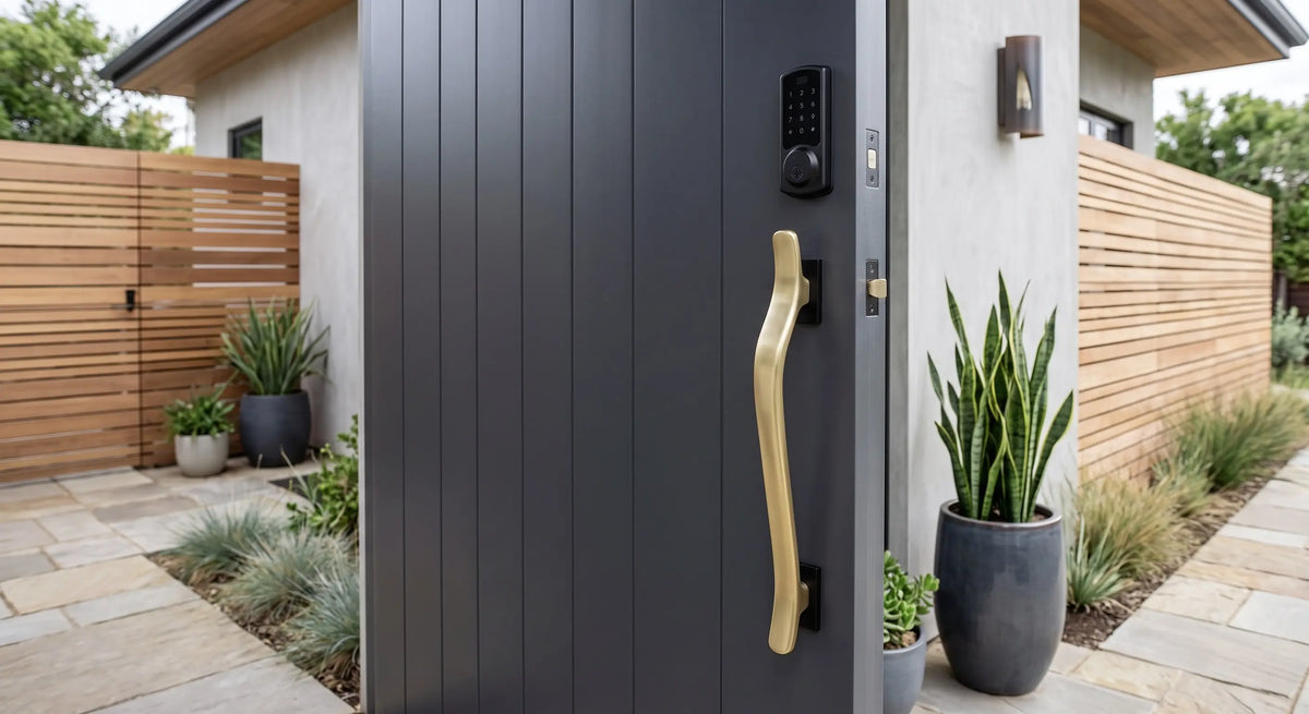 teak wooden pull handle installed on a modern exterior front door