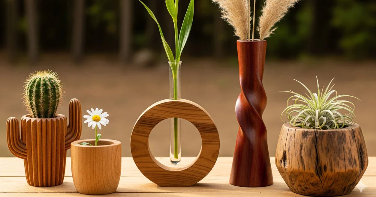 Handmade wooden vase and planters on a table including cactus pot circular ring vase with glass tube and twisted tall vase