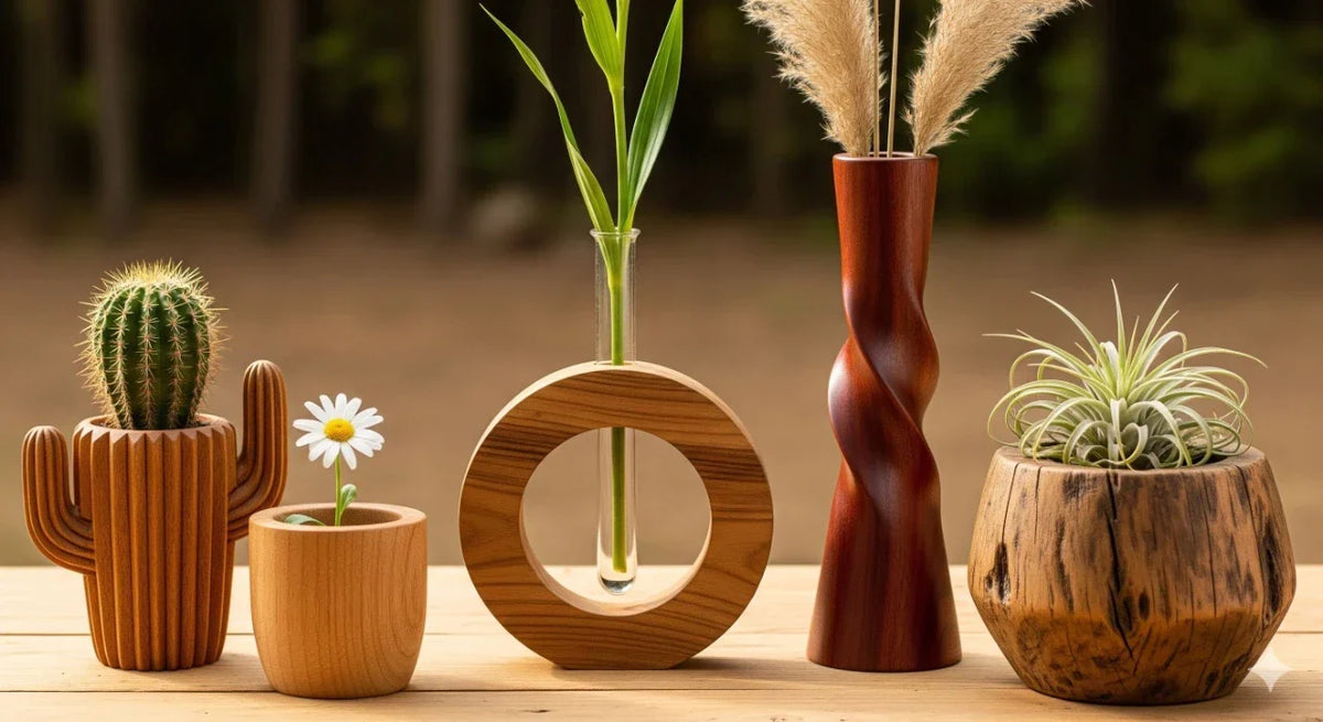 Handmade wooden vase and planters on a table including cactus pot circular ring vase with glass tube and twisted tall vase