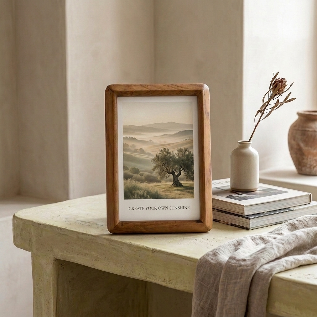 Beveled edge teak picture frame in 10x12 size, natural wood finish