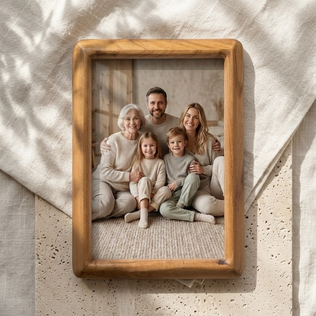 Beveled teak picture frame with backboard, glass, and hanging hardware