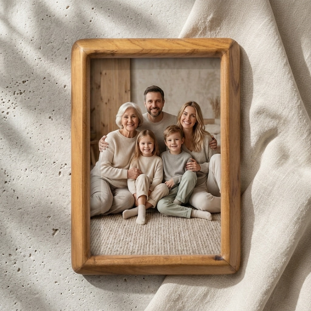 Beveled teak wooden picture frame with sunset artwork display