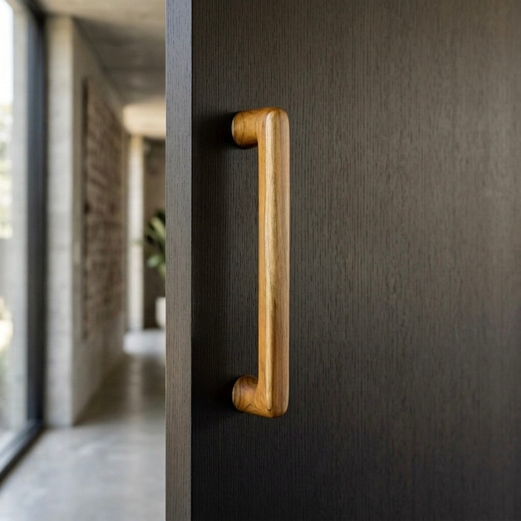 Curved teak wood double door pull handle set, 18 inch, 15 inch center-to-center