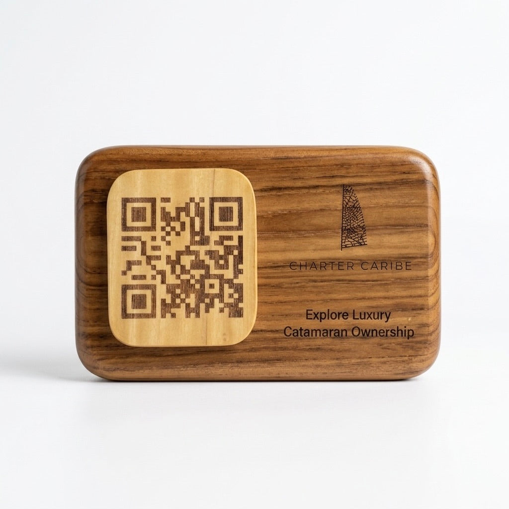Wooden QR code sign on stand, scan me engraving
