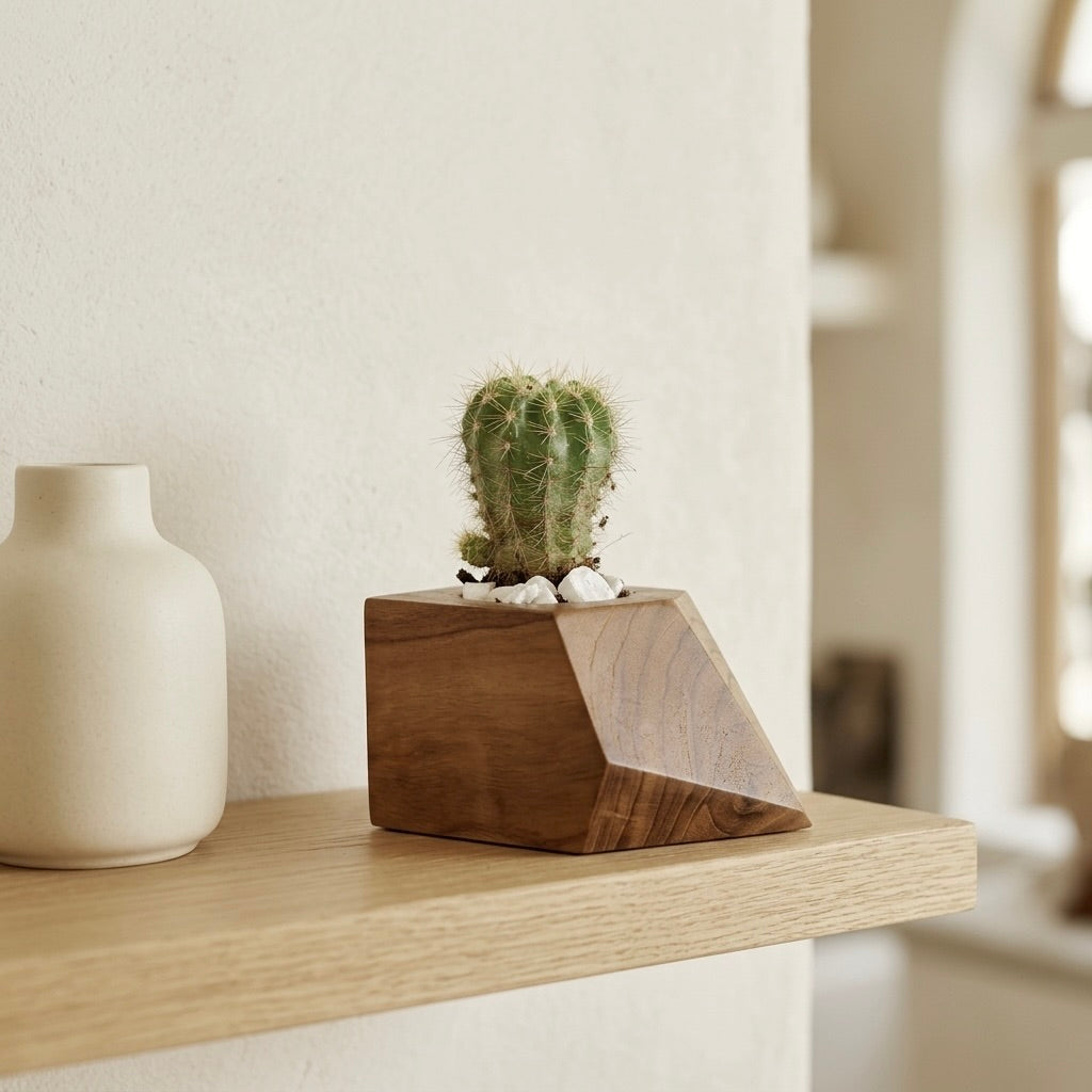 Teak cactus holder in natural finish for modern decor