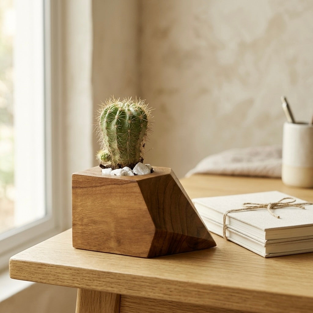 Teak cactus holder with unique geometric design for stylish plant display