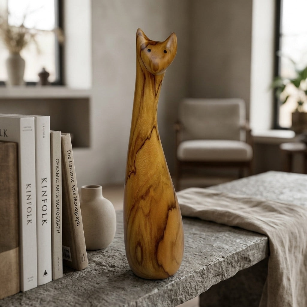 Hand-carved teak wooden cat sculpture, smooth polished finish