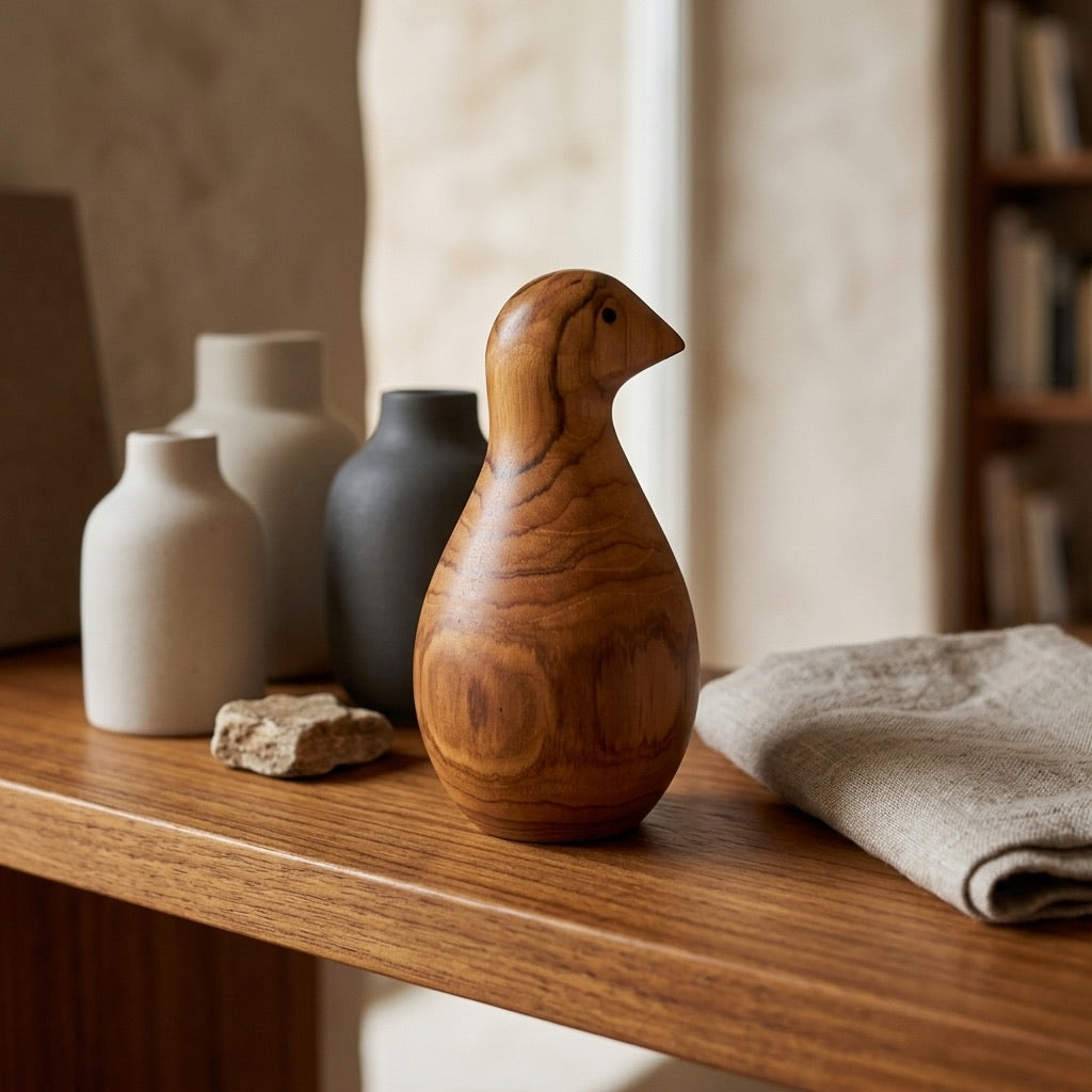 Teak bird sculpture dimensions, 8cm by 16cm