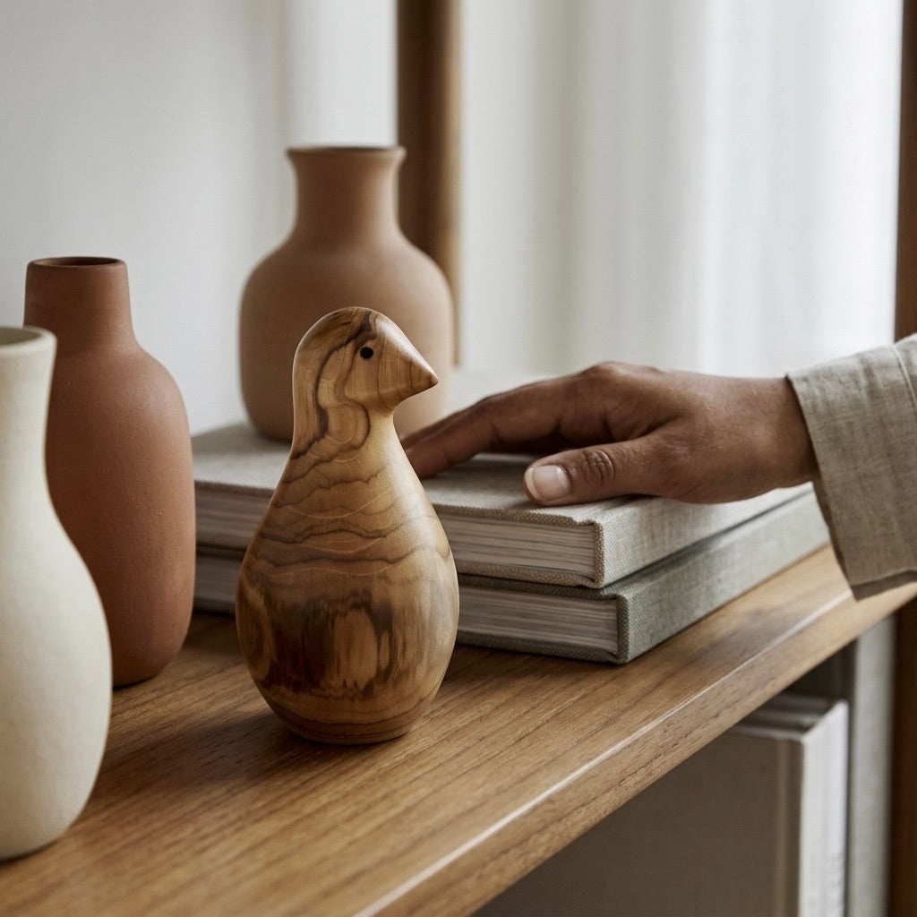 Teak bird sculpture, back profile showing wood grain