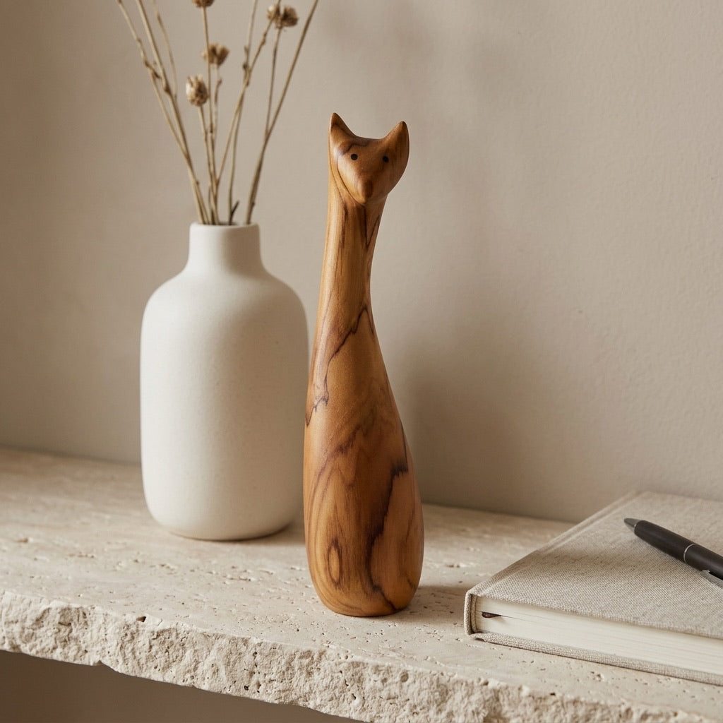 Teak cat sculpture finish samples in Clear, Burma, Walnut, Ebony
