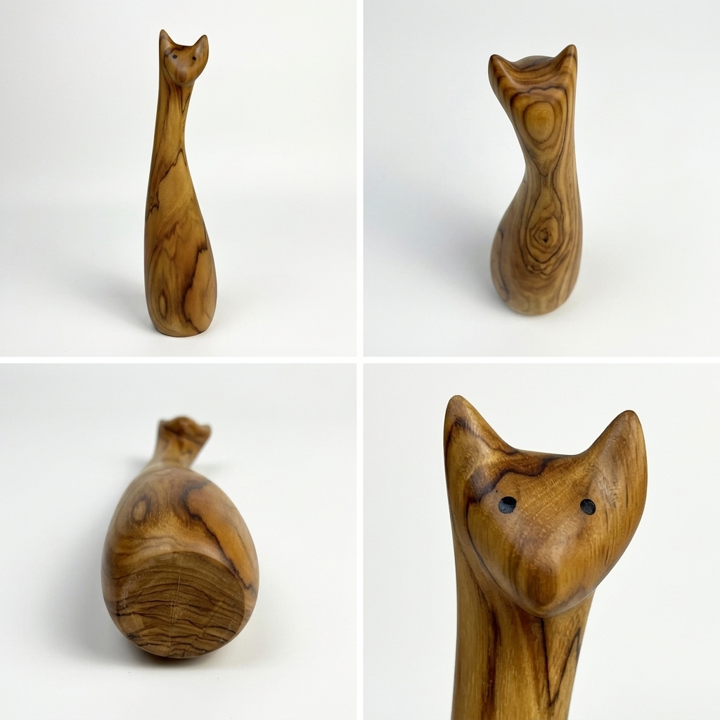 Teak cat sculpture displayed on wood table in living room