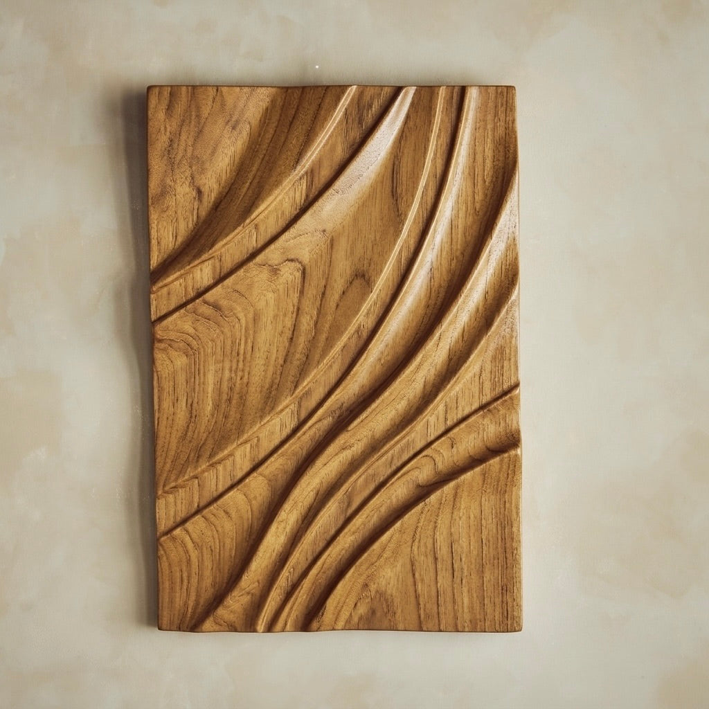 Wood Ceylon abstract teak sculpture showing deep carved relief texture