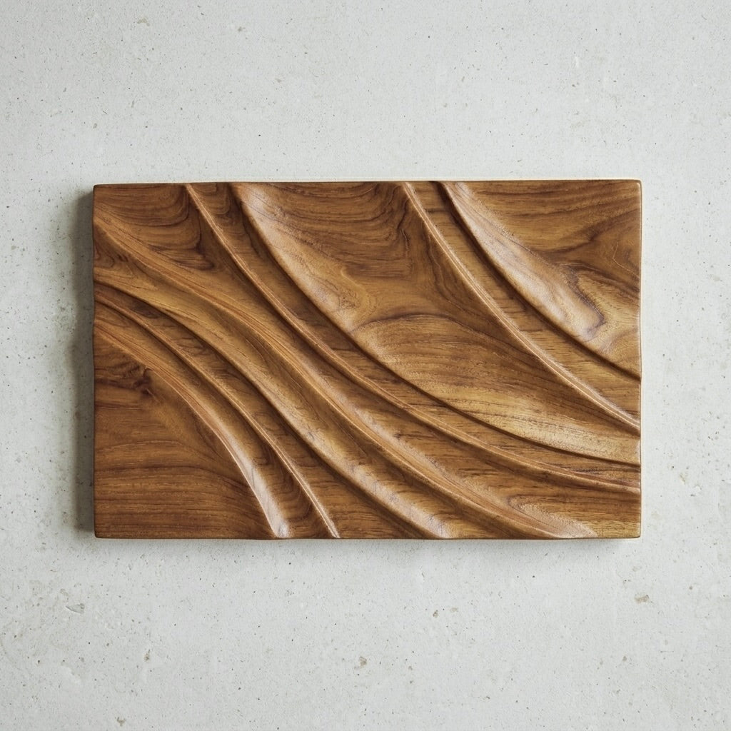 Abstract carved teak wall panel with rich natural wood grain detail