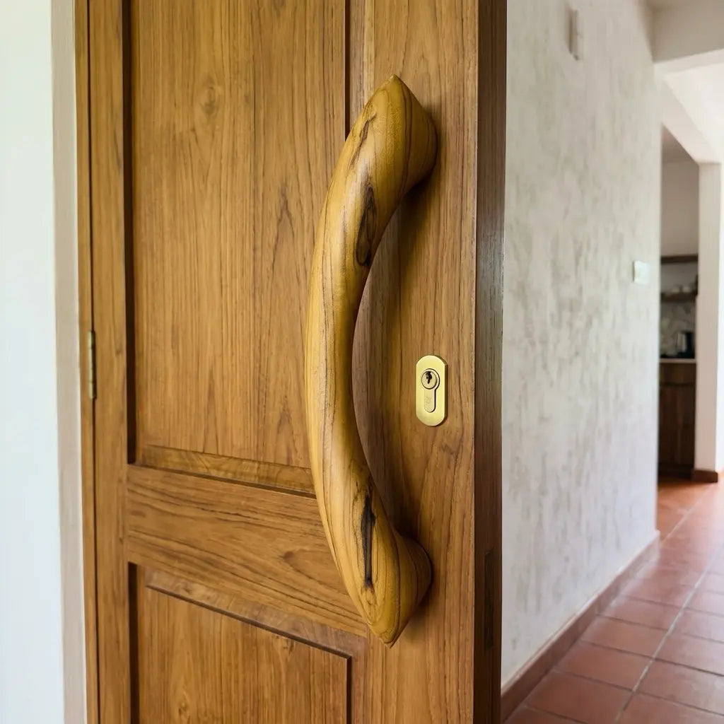 Hand-carved offset design solid teak wood door pull handle by Wood Ceylon, model 005