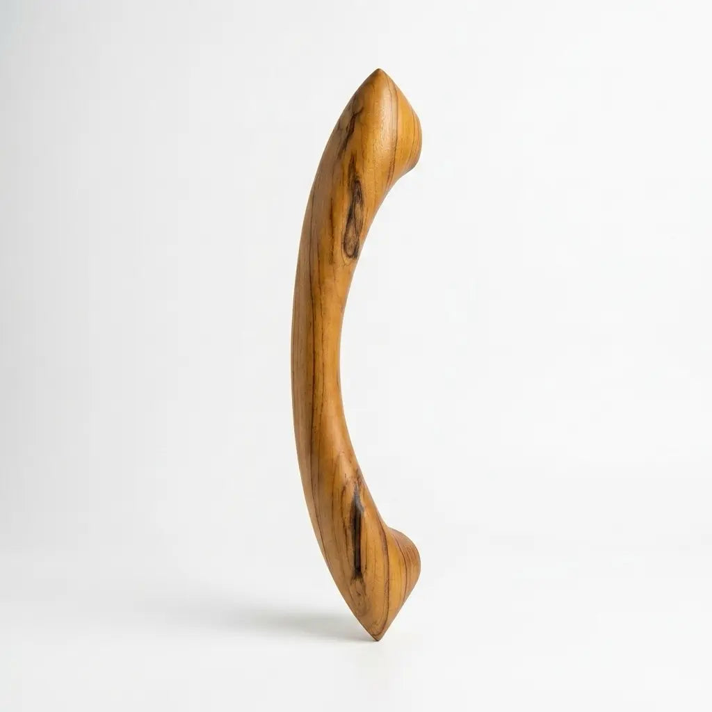 Sculptural offset teak wooden entrance door pull handle with natural wood grain