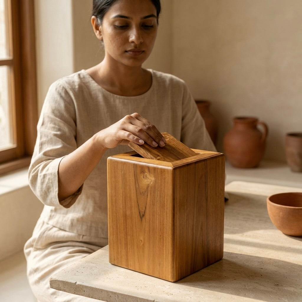 Handcrafted solid teak trash can with premium matte finish