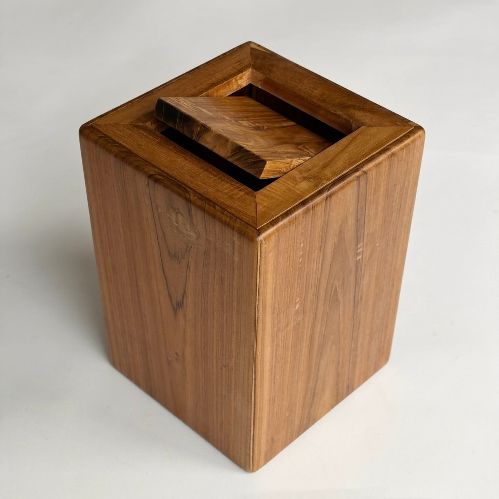 Handcrafted solid teak trash can with lid