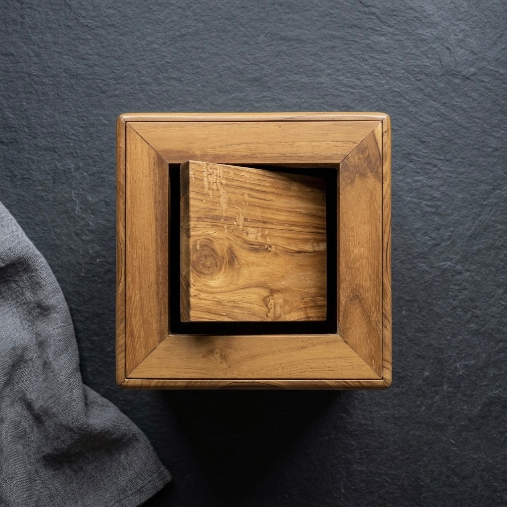 Handmade teak wooden trash can with natural wood grain