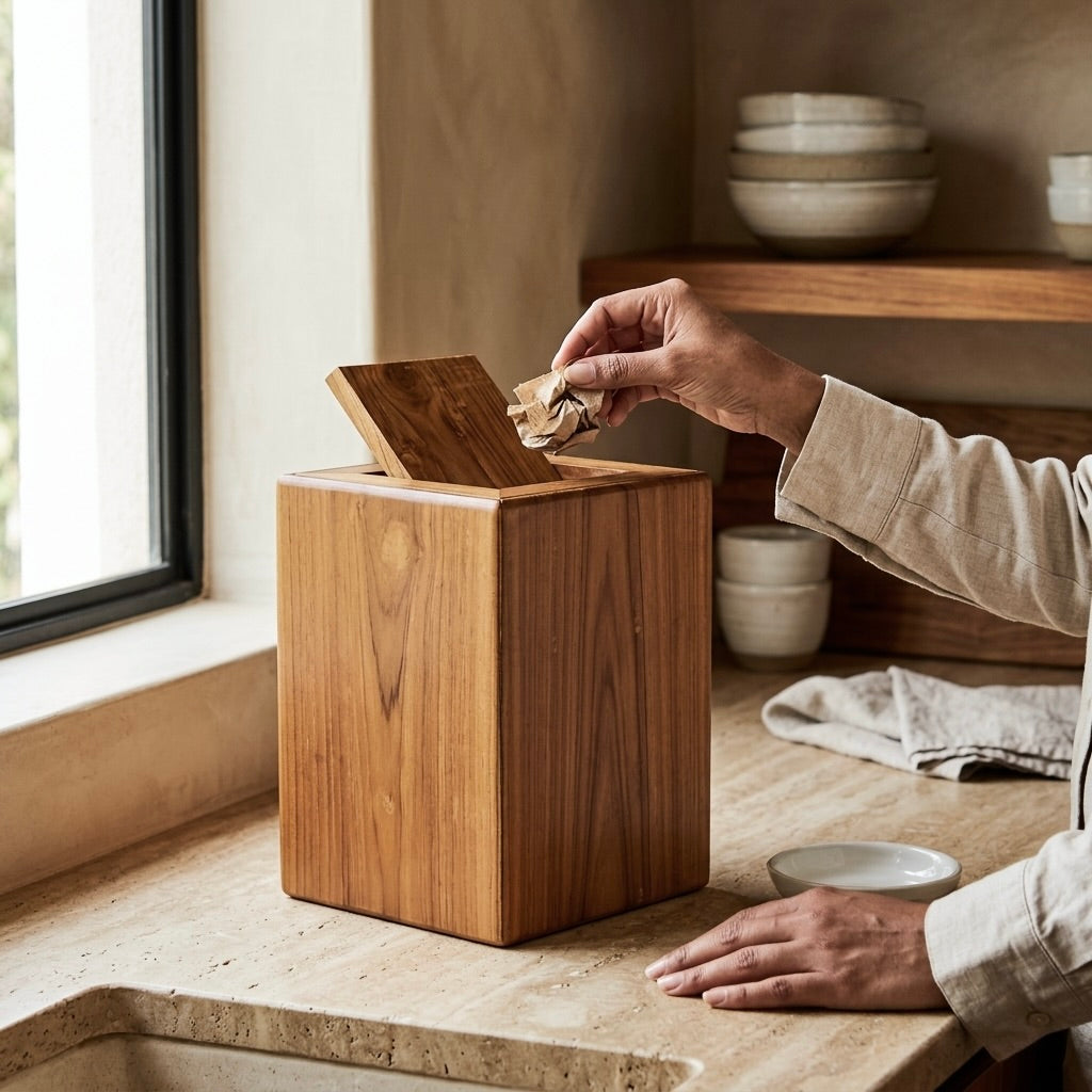 Teak wood trash can with removable top and waste opening