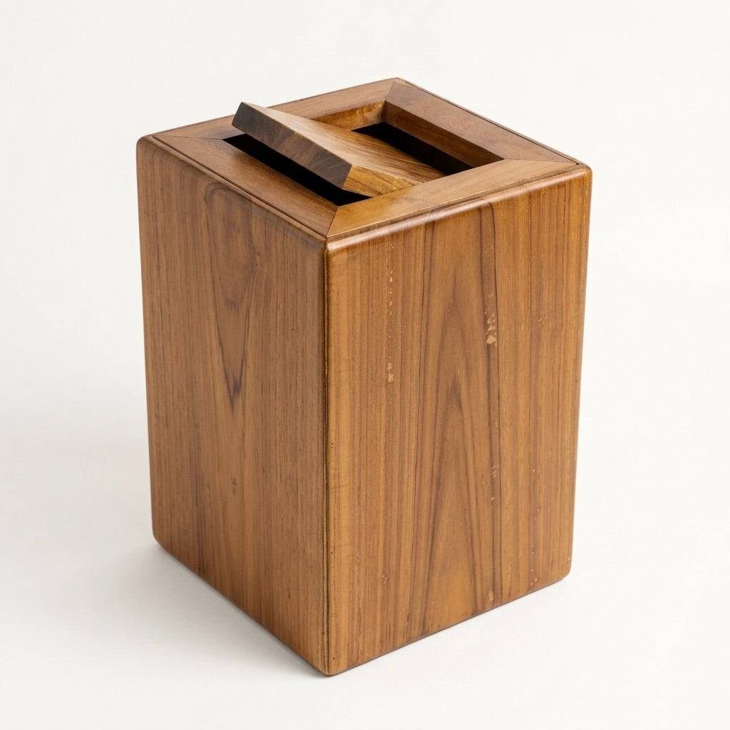 Handcrafted solid teak wood trash can with removable top for office and home use