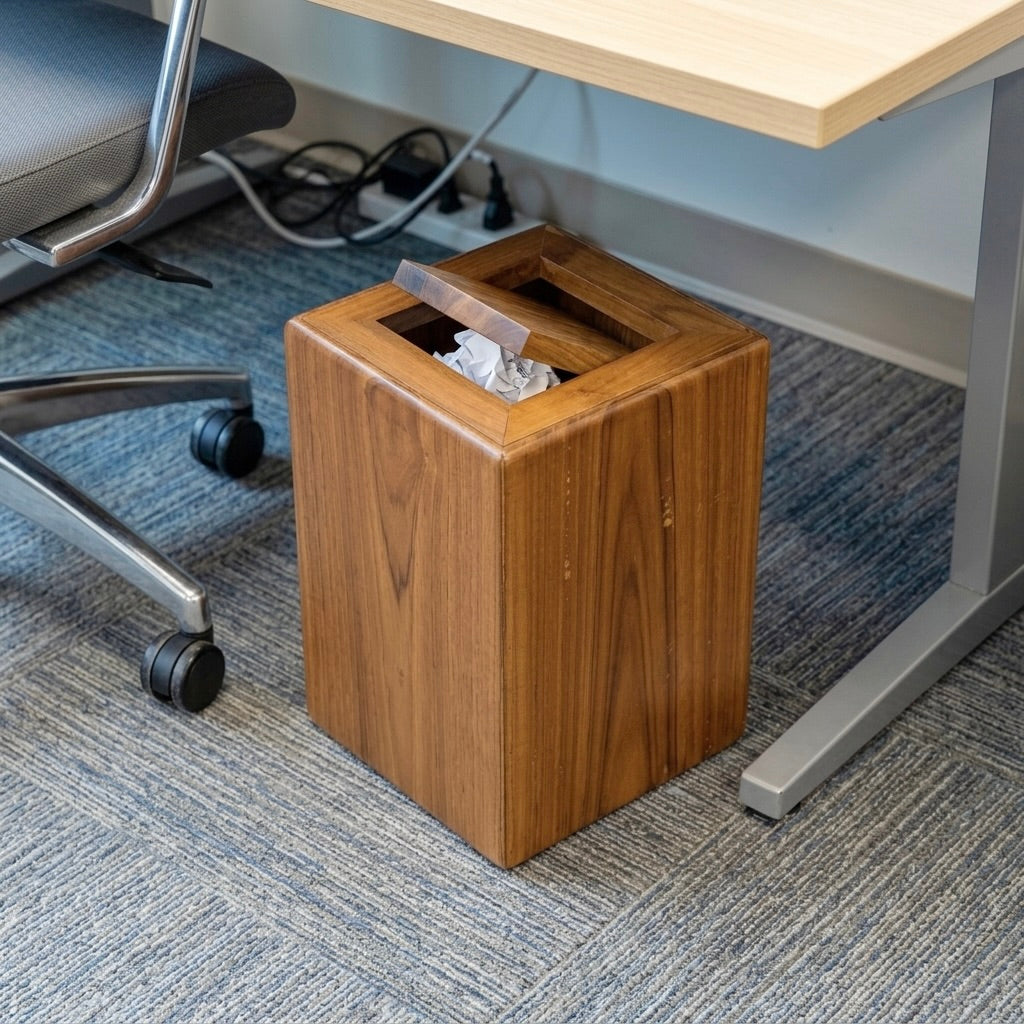Handcrafted solid teak wood trash can by Wood Ceylon