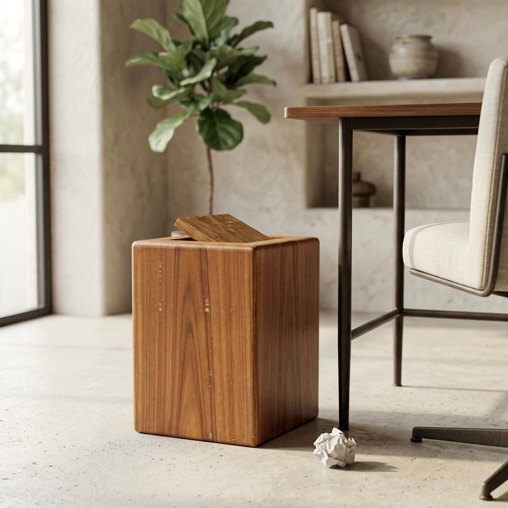 Solid teak wood waste bin with removable top front view